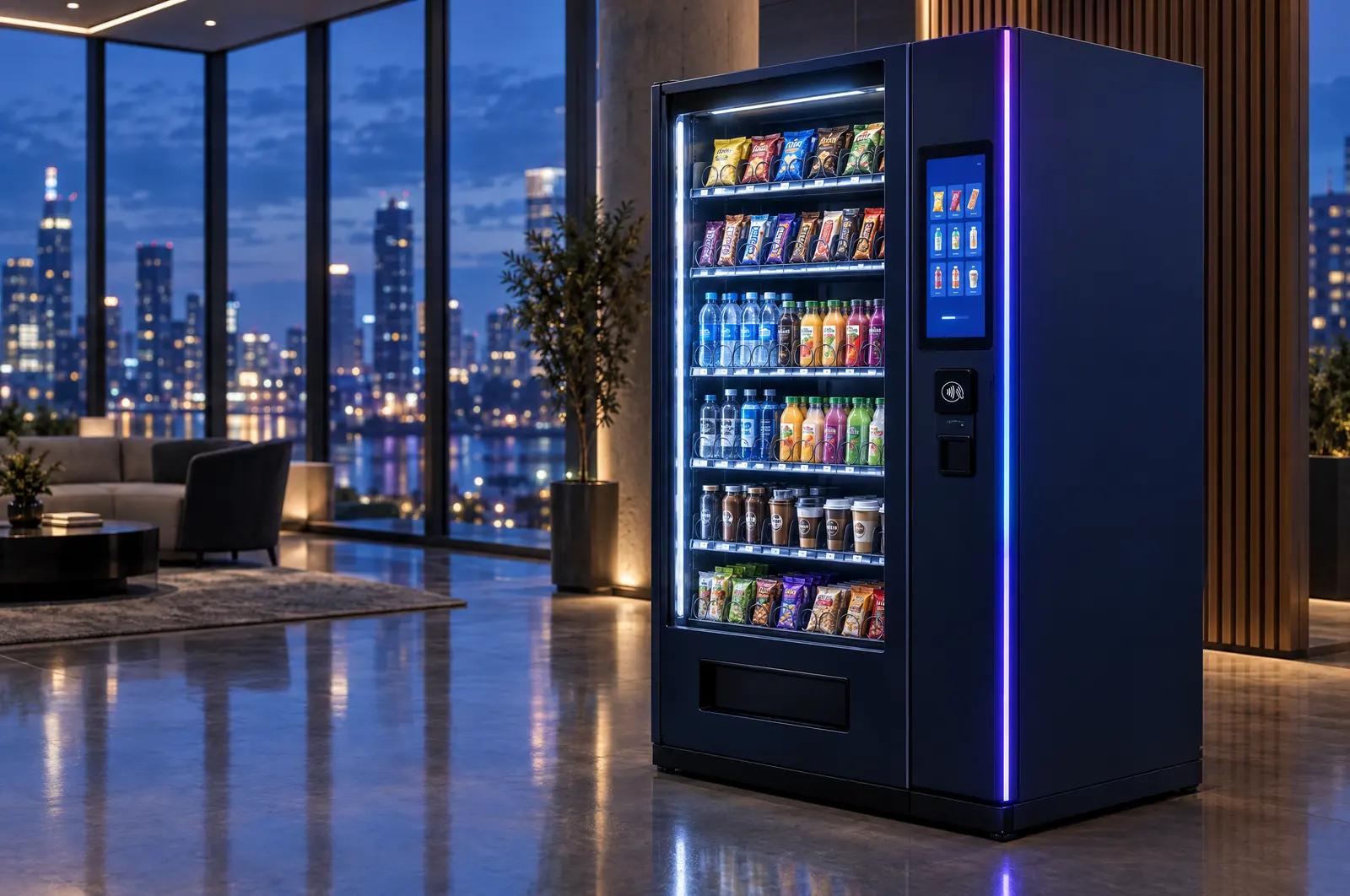 A modern glass-front smart vending machine with a touchscreen, glowing softly in an office lobby at dusk